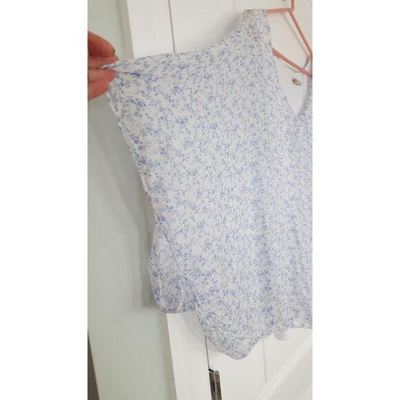 MARINA GIGLI Cream Blue Floral Print Silk Lace Short Sleeve Top Size Large - Picture 3 of 8